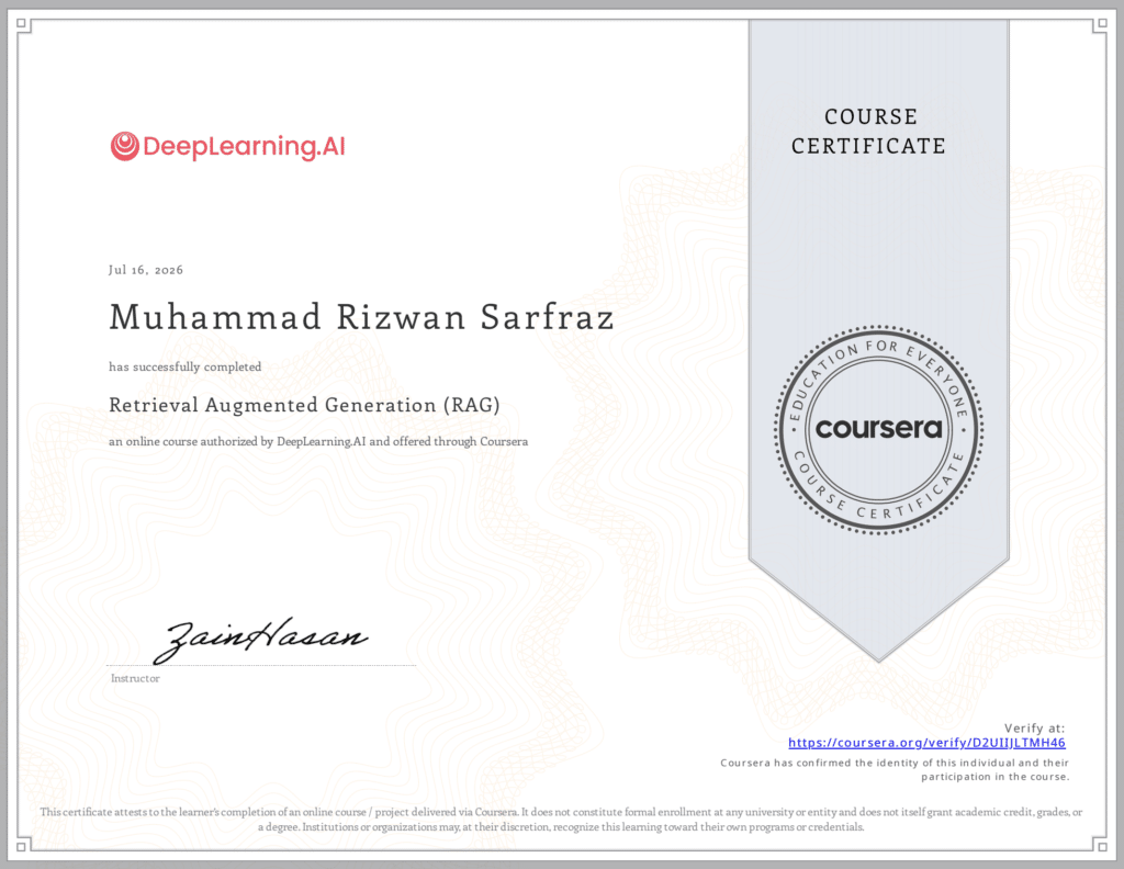 Retrieval Augmented Generation RAG certification badge from DeepLearning.AI